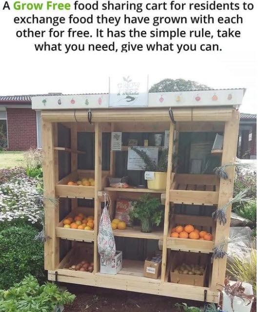 booth for distributing and gathering home grown vegetables